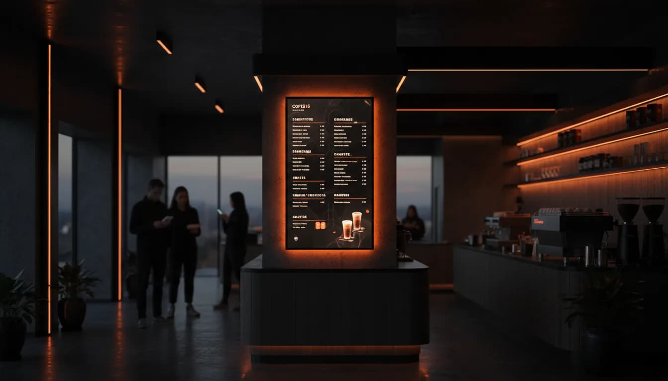 Digital signage screen in a café: bright digital menu in a warm atmosphere