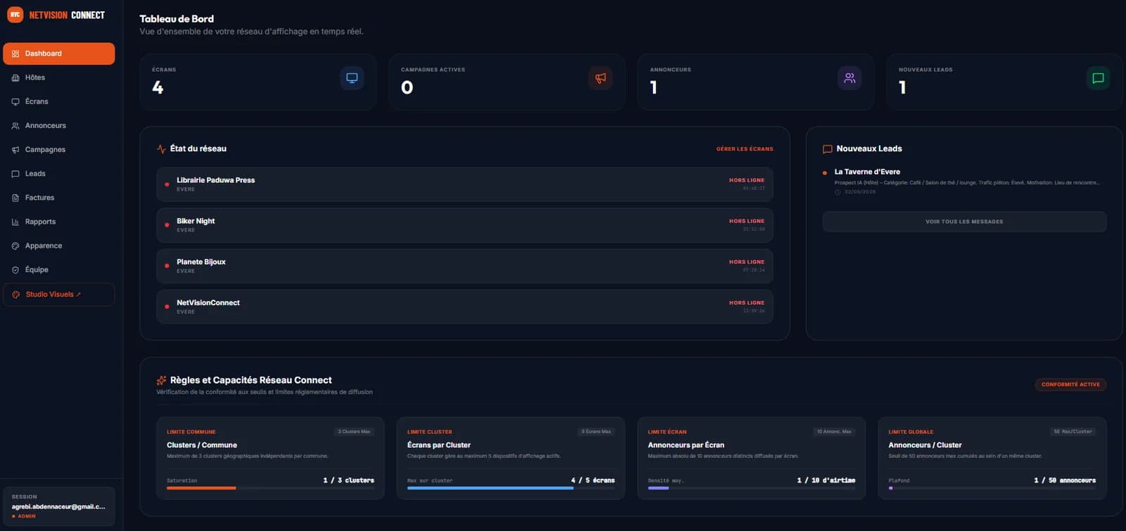 NetVision Connect dashboard: network status and real-time indicators