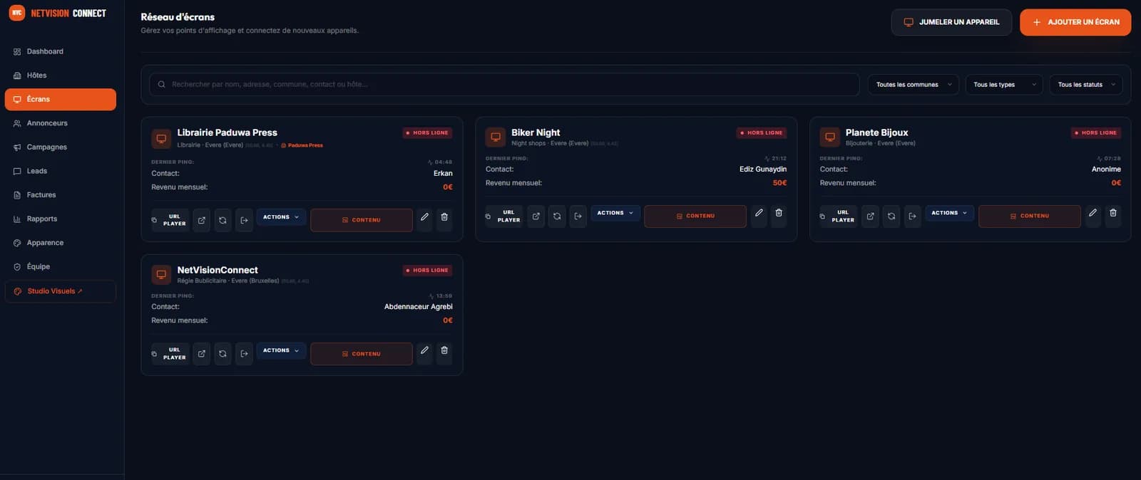 NetVision Connect screen management: online/offline status, remote actions