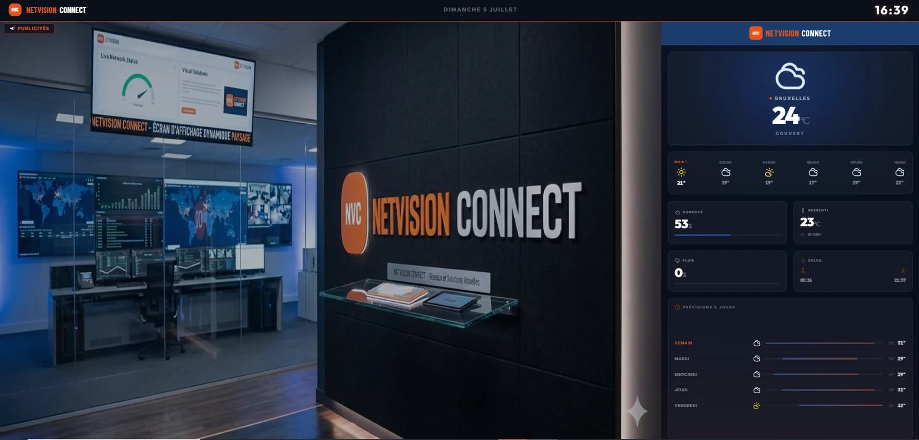 The NetVision Connect player broadcasting: main content and real-time weather widget